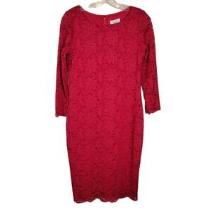 Calvin Klein Women's Lace Sheath Knee Length Dress Back Zip Closure Red Size 4